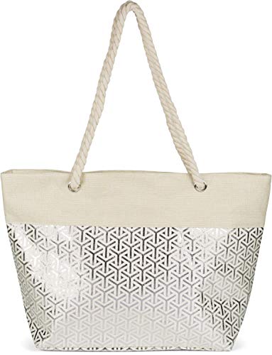 styleBREAKER Damen XXL Große Strandtasche mit Metallic Infinity Muster und Reißverschluss, Schultertasche, Shopper 02012347, Farbe:Beige-Silber von styleBREAKER