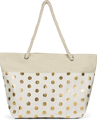 styleBREAKER Damen XXL Große Strandtasche mit Metallic Punkte Muster und Reißverschluss, Schultertasche, Shopper 02012342, Farbe:Beige-Gold von styleBREAKER