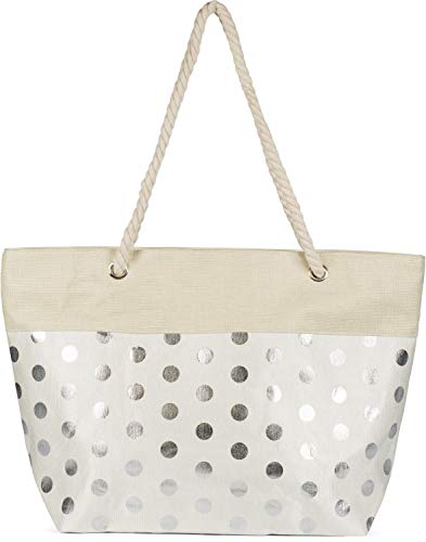 styleBREAKER Damen XXL Große Strandtasche mit Metallic Punkte Muster und Reißverschluss, Schultertasche, Shopper 02012342, Farbe:Beige-Silber von styleBREAKER