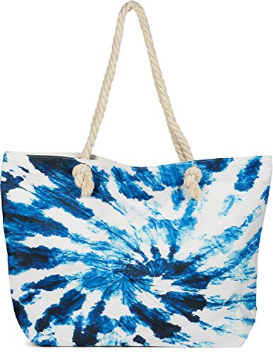 styleBREAKER Damen XXL Strandtasche mit Batik Wirbel Muster Print, Reißverschluss, Schultertasche, Shopper 02012344, Farbe:Weiß-Blau von styleBREAKER