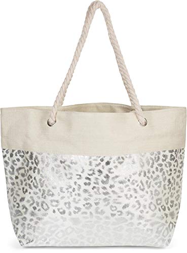 styleBREAKER Damen XXL Strandtasche mit Metallic Leoparden Animal Print und Reißverschluss, Schultertasche, Shopper 02012282, Farbe:Beige-Silber von styleBREAKER