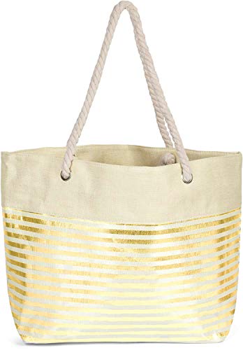 styleBREAKER Damen XXL Strandtasche mit Metallic Streifen und Reißverschluss, Schultertasche, Shopper 02012281, Farbe:Beige-Gold von styleBREAKER