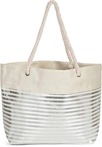 styleBREAKER Damen XXL Strandtasche mit Metallic Streifen und Reißverschluss, Schultertasche, Shopper 02012281, Farbe:Beige-Silber von styleBREAKER