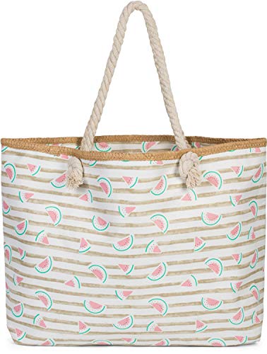 styleBREAKER Damen XXL Strandtasche mit Streifen und Melone Früchte Print, Reißverschluss, Schultertasche, Shopper 02012287, Farbe:Taupe-Weiß von styleBREAKER