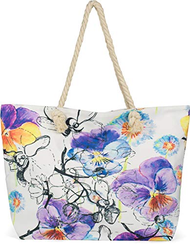 styleBREAKER Damen XXL Strandtasche mit buntem Veilchen Blumen Blüten Print, Reißverschluss, Schultertasche, Shopper 02012346, Farbe:Weiß-Violett-Blau von styleBREAKER