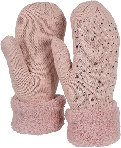 styleBREAKER Damen warme Winter Strick Fäustlinge mit Strass und Perlen, Handschuhe, Thermo Fleece, Strickhandschuhe 09010039, Farbe:Altrose von styleBREAKER