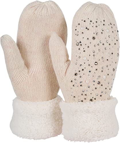 styleBREAKER Damen warme Winter Strick Fäustlinge mit Strass und Perlen, Handschuhe, Thermo Fleece, Strickhandschuhe 09010039, Farbe:Beige von styleBREAKER