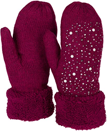 styleBREAKER Damen warme Winter Strick Fäustlinge mit Strass und Perlen, Handschuhe, Thermo Fleece, Strickhandschuhe 09010039, Farbe:Bordeaux-Rot von styleBREAKER