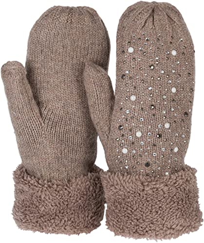 styleBREAKER Damen warme Winter Strick Fäustlinge mit Strass und Perlen, Handschuhe, Thermo Fleece, Strickhandschuhe 09010039, Farbe:Braun von styleBREAKER