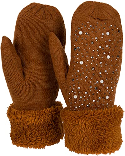 styleBREAKER Damen warme Winter Strick Fäustlinge mit Strass und Perlen, Handschuhe, Thermo Fleece, Strickhandschuhe 09010039, Farbe:Cognac von styleBREAKER