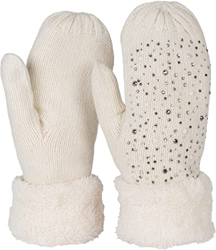 styleBREAKER Damen warme Winter Strick Fäustlinge mit Strass und Perlen, Handschuhe, Thermo Fleece, Strickhandschuhe 09010039, Farbe:Creme-Weiß von styleBREAKER