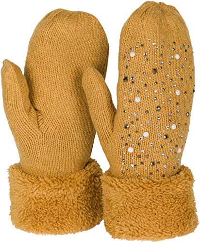 styleBREAKER Damen warme Winter Strick Fäustlinge mit Strass und Perlen, Handschuhe, Thermo Fleece, Strickhandschuhe 09010039, Farbe:Curry von styleBREAKER