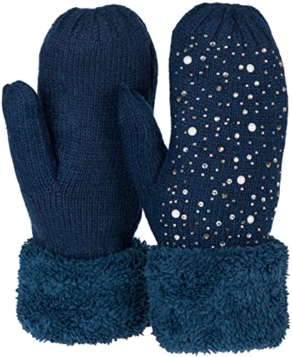 styleBREAKER Damen warme Winter Strick Fäustlinge mit Strass und Perlen, Handschuhe, Thermo Fleece, Strickhandschuhe 09010039, Farbe:Dunkelblau von styleBREAKER