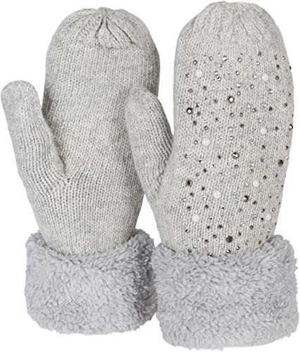 styleBREAKER Damen warme Winter Strick Fäustlinge mit Strass und Perlen, Handschuhe, Thermo Fleece, Strickhandschuhe 09010039, Farbe:Hellgrau von styleBREAKER