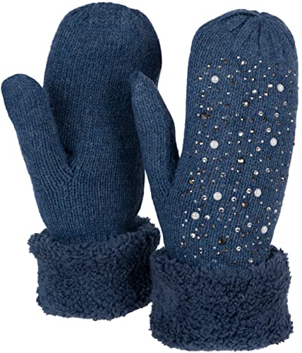 styleBREAKER Damen warme Winter Strick Fäustlinge mit Strass und Perlen, Handschuhe, Thermo Fleece, Strickhandschuhe 09010039, Farbe:Jeansblau von styleBREAKER