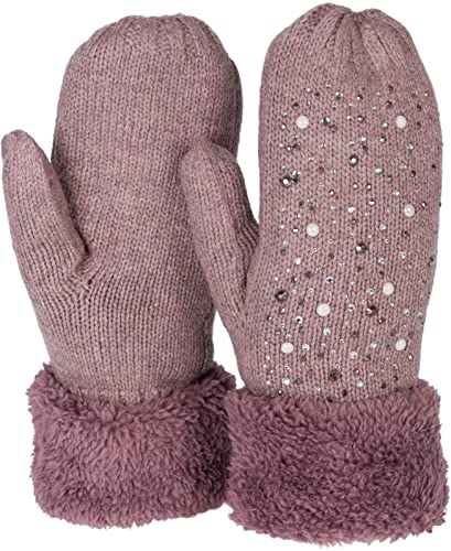 styleBREAKER Damen warme Winter Strick Fäustlinge mit Strass und Perlen, Handschuhe, Thermo Fleece, Strickhandschuhe 09010039, Farbe:Mauve von styleBREAKER