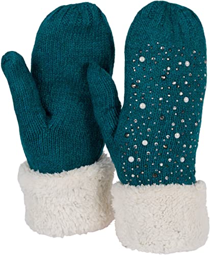 styleBREAKER Damen warme Winter Strick Fäustlinge mit Strass und Perlen, Handschuhe, Thermo Fleece, Strickhandschuhe 09010039, Farbe:Petrol von styleBREAKER