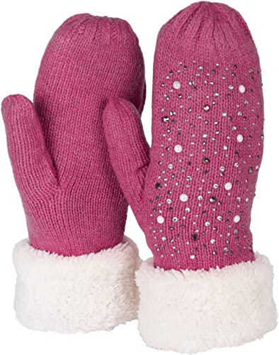 styleBREAKER Damen warme Winter Strick Fäustlinge mit Strass und Perlen, Handschuhe, Thermo Fleece, Strickhandschuhe 09010039, Farbe:Pink von styleBREAKER