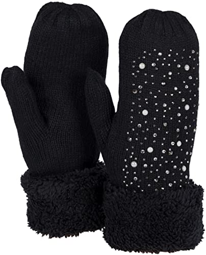 styleBREAKER Damen warme Winter Strick Fäustlinge mit Strass und Perlen, Handschuhe, Thermo Fleece, Strickhandschuhe 09010039, Farbe:Schwarz von styleBREAKER