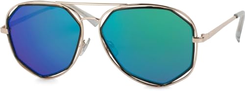 styleBREAKER Damen Duochrome Effekt Sonnenbrille, Pilotenbrille mit eckigen Gläsern und Federscharnier 09020068, Farbe:Gestell Gold/Glas Grün-Blau verspiegelt von styleBREAKER