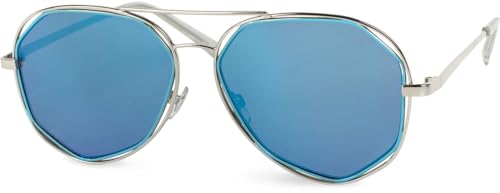 styleBREAKER Damen Duochrome Effekt Sonnenbrille, Pilotenbrille mit eckigen Gläsern und Federscharnier 09020068, Farbe:Gestell Silber/Glas Blau verspiegelt von styleBREAKER