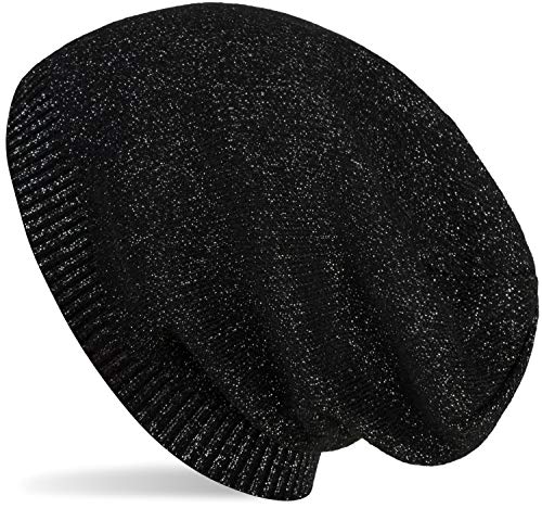 styleBREAKER Feinstrick Beanie Mütze mit Glitzerfaden, Slouch Longbeanie, Damen 04024142, Farbe:Schwarz von styleBREAKER