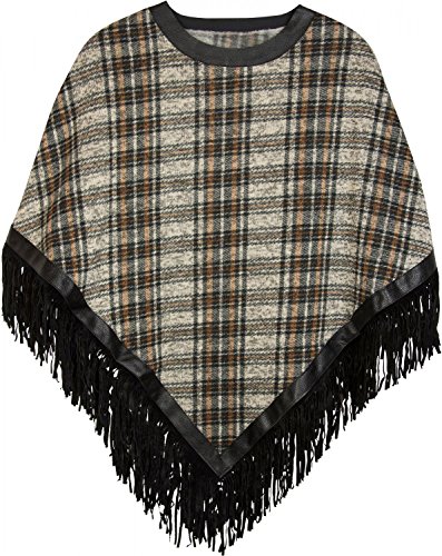 styleBREAKER Feinstrick Poncho mit Karo Muster und Kunstleder Fransen am Saum, Rundhals, Damen 08010031, Farbe:Schwarz-Beige von styleBREAKER