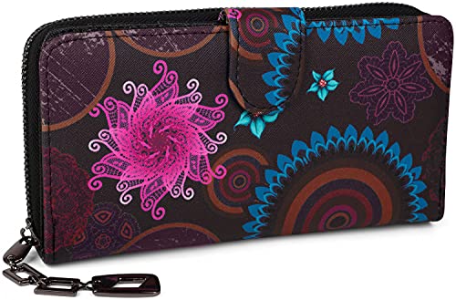 styleBREAKER Damen Geldbörse mit Buntem Blumen Blüten Mandala Muster, Ethno Style, Reißverschluss, Portemonnaie 02040040, Farbe:Dunkelblau-Blau-Pink von styleBREAKER