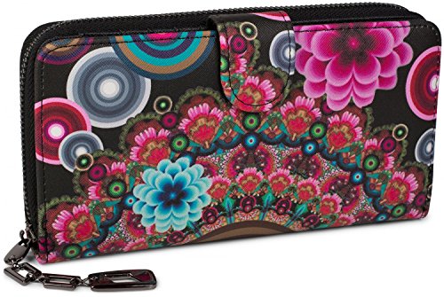 styleBREAKER Damen Geldbörse mit Buntem Blumen Blüten Mandala Muster, Ethno Style, Reißverschluss, Portemonnaie 02040040, Farbe:Schwarz-Rot-Pink von styleBREAKER