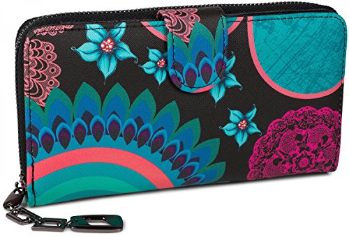 styleBREAKER Damen Geldbörse mit Buntem Blumen Blüten Mandala Muster, Ethno Style, Reißverschluss, Portemonnaie 02040040, Farbe:Schwarz-Türkis-Blau von styleBREAKER