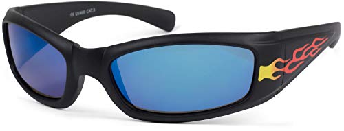 styleBREAKER Kinder Sport Sonnenbrille mit Flammen Print, Kunststoff Rahmen und Polycarbonat Gläser, Vollrand 09020089, Farbe:Gestell Schwarz/Glas Blau verspiegelt von styleBREAKER