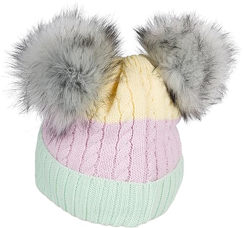 styleBREAKER Kinder Strick Bommelmütze 3-Farbig Gestreift, 2 Kunstfellbommel, Fleece Futter, 2-5 Jahre 04024204, Farbe:Mint-Flieder-Gelb von styleBREAKER