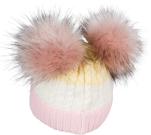 styleBREAKER Kinder Strick Bommelmütze 3-Farbig Gestreift, 2 Kunstfellbommel, Fleece Futter, 2-5 Jahre 04024204, Farbe:Rose-Creme-Gelb von styleBREAKER