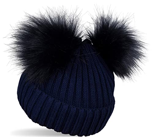 styleBREAKER Kinder Strick Bommelmütze mit 2 Kunstfellbommel und Fleece Futter, Winter Mütze, Strickmütze, 2-5 Jahre 04024203, Farbe:Dunkelblau von styleBREAKER