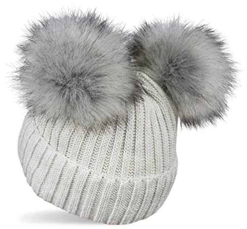 styleBREAKER Kinder Strick Bommelmütze mit 2 Kunstfellbommel und Fleece Futter, Winter Mütze, Strickmütze, 2-5 Jahre 04024203, Farbe:Hellgrau von styleBREAKER