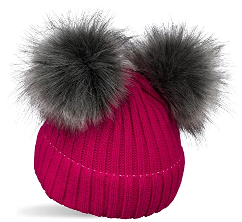 styleBREAKER Kinder Strick Bommelmütze mit 2 Kunstfellbommel und Fleece Futter, Winter Mütze, Strickmütze, 2-5 Jahre 04024203, Farbe:Pink von styleBREAKER