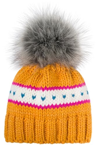 styleBREAKER Kinder Strick Bommelmütze mit Herzmuster und Thermo Fleece Futter, Winter Fellbommel Mütze, 3-5 Jahre 04024209, Farbe:Curry von styleBREAKER