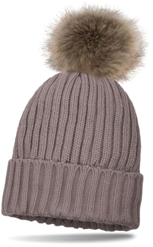 styleBREAKER Kinder Strick Bommelmütze mit Perlrippen Muster und Thermo-Fleece Futter, Winter Strickmütze mit Kunstfell Bommel 04024031, Farbe:Taupe von styleBREAKER
