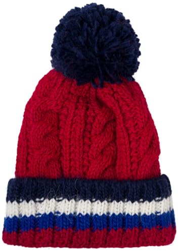 styleBREAKER Kinder Strick Bommelmütze mit Zopfmuster und gestreifter Krempe, Fleece Futter Winter, 3-5 Jahre 04024206, Farbe:Bordeaux-Rot-Dunkelblau von styleBREAKER