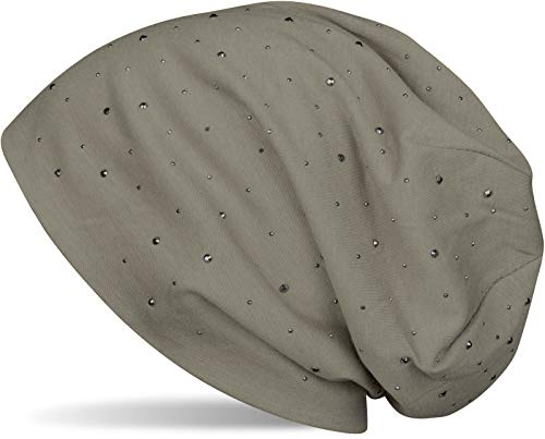 styleBREAKER Damen Beanie Mütze mit edler Strass-Nieten Applikation, Longbeanie Slouch 04024037, Farbe:Beige von styleBREAKER