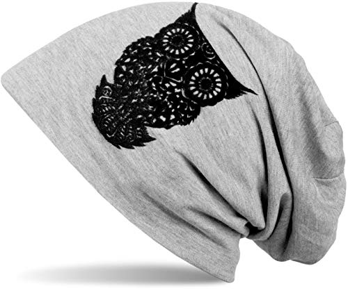 styleBREAKER Damen Stoff Beanie Mütze mit samtigem Eulen Flock-Print, Longbeanie 04024040, Farbe:Hellgrau von styleBREAKER