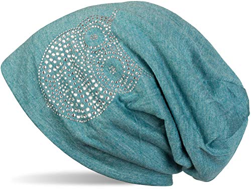 styleBREAKER klassische Beanie Mütze mit Strass Eulen Applikation, Damen 04024039, Farbe:Petrol-Türkis meliert von styleBREAKER