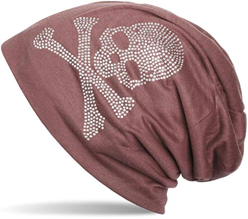 styleBREAKER Klassische Beanie Mütze mit Totenkopf Strass Applikation, Unisex 04024034, Farbe:Altrose dunkel (Rotbraun), Materialart:leicht von styleBREAKER