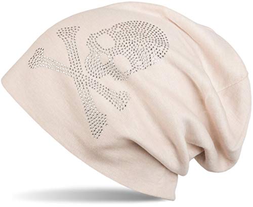 styleBREAKER Klassische Beanie Mütze mit Totenkopf Strass Applikation, Unisex 04024034, Farbe:Creme-Beige, Materialart:warm von styleBREAKER