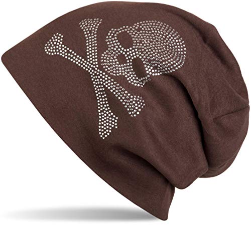 styleBREAKER Klassische Beanie Mütze mit Totenkopf Strass Applikation, Unisex 04024034, Farbe:Dunkelbraun, Materialart:warm von styleBREAKER