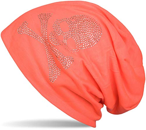 styleBREAKER Klassische Beanie Mütze mit Totenkopf Strass Applikation, Unisex 04024034, Farbe:Neonorange, Materialart:leicht von styleBREAKER