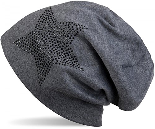 styleBREAKER Klassische Unisex Beanie Mütze mit Stern Strass Applikation, warm 04024023, Farbe:Grau meliert/Schwarz von styleBREAKER