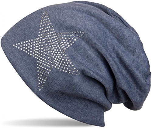 styleBREAKER Klassische Unisex Beanie Mütze mit Stern Strass Applikation, warm 04024023, Farbe:Jeansblau von styleBREAKER