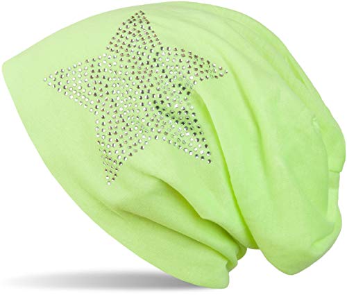 styleBREAKER Klassische leichte Unisex Beanie Mütze mit Stern Strass Applikation 04024019, Farbe:Neongelb von styleBREAKER