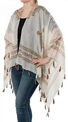 styleBREAKER Leichter Sommer Poncho mit Ethno Muster, Quasten, Strand, Boho Style, Damen 08010022, Farbe:Creme von styleBREAKER